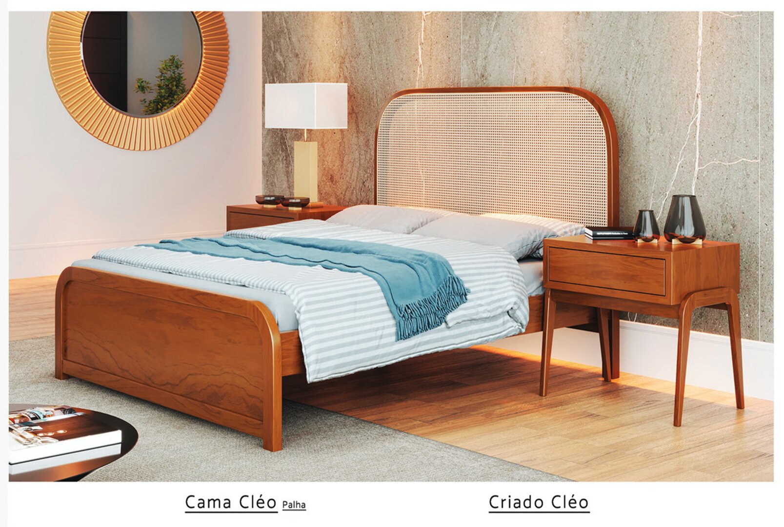 Cama Cleo Estofada e Criado Lotus