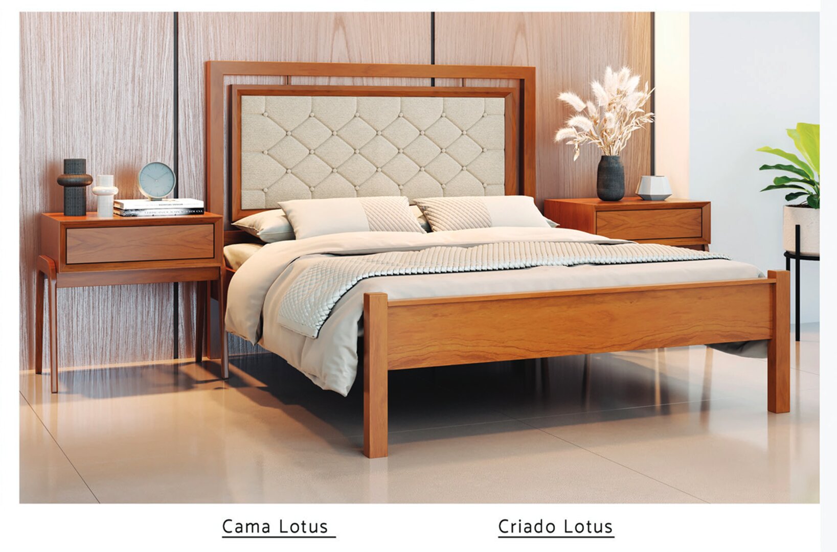 Cama Lotus Estofada e Criado Lotus